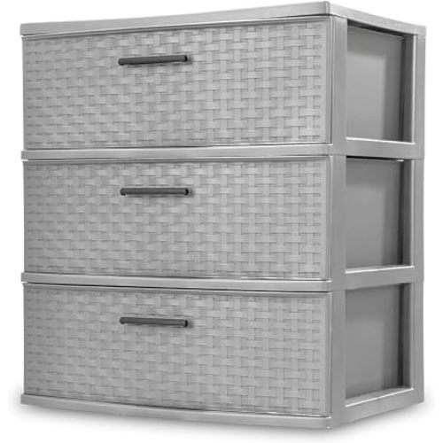 Sterilite 3 Drawer Wide Weave Storage Tower, Plastic Decorative Drawers to Organize Clothes in Bedroom, Closet, Gray with Gray Drawers, 1-Pack