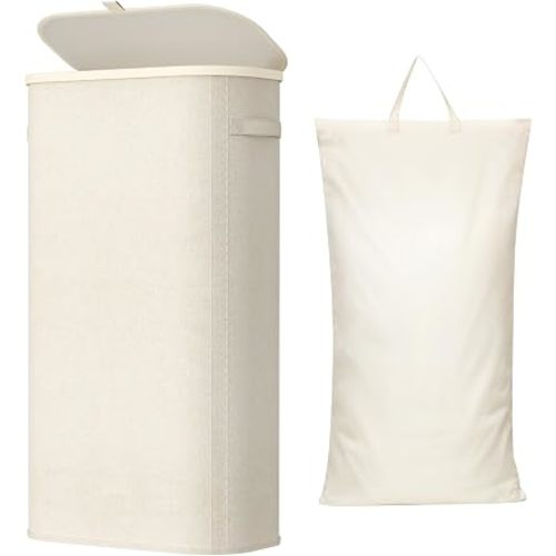 Lifewit Slim Laundry Basket with Lid, Narrow Large Laundry Hamper with Plastic Handles and Removable Bag, Tall Foldable Dirty Clothes Hampers for Laundry Room, Bedroom, Bathroom, Dorm, 75L White