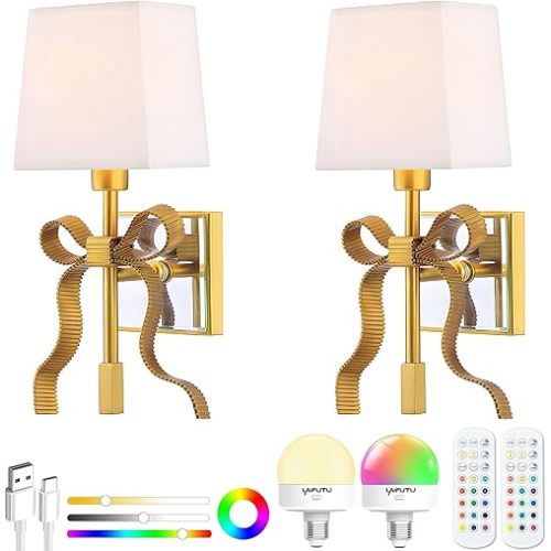 Battery Operated Wall Sconces Set of 2, Gold Rechargeable Bow Wall Light with 5200mAh Dimmable Bulbs & Remote, 15 Colors Wireless Brass Wall Lamp for Bedroom Living Room Hallway Decor