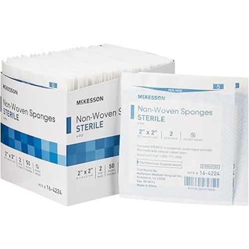 McKesson Non-Woven Sponges, Sterile, 4-Ply, Polyester / Rayon, 2 in x 2 in, 2 per Pack, 50 Packs, 100 Total