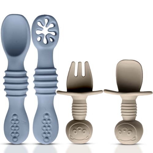 HippoBaby 4pc Baby Led Weaning Set, Baby Feeding Utensils, Toddler Cutlery Set, BPA Free Silicone, Dishwasher and Microwave Safe (Gray/Beige)