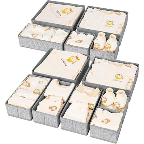 DIMJ Drawer Organizer Clothes 12 Pack - Foldable Baby Organizers and Storage & Dresser Organizer for Bedroom, Closet - Nursery Organization Dresser Dividers for underwear, Sock,Bra, Belt, Tie, Gray