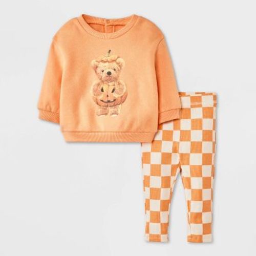 Baby 2pc Teddy Bear Halloween Pumpkin Pullover & Checkered Bottom Set - Orange Newborn