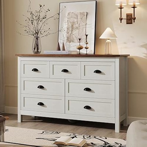 Dresser for Bedroom, Modern White Dresser with 7 Drawers, Wide Chest of Drawers with Metal Handles,Wood Double Dresser Storage Cabinet for Living Room, Bedroom, Hallway