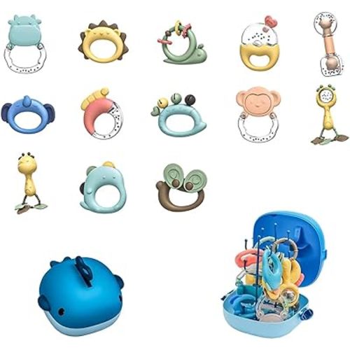 13 Pcs Baby Teether Rattle - Baby Essentials Sensory Toy with Storage Box and Dryer, Excellent Infant Toys for Baby Shower Gifts As A Teething Rattle Toy for Infant 0-3, 3-6, and 6-12 Months
