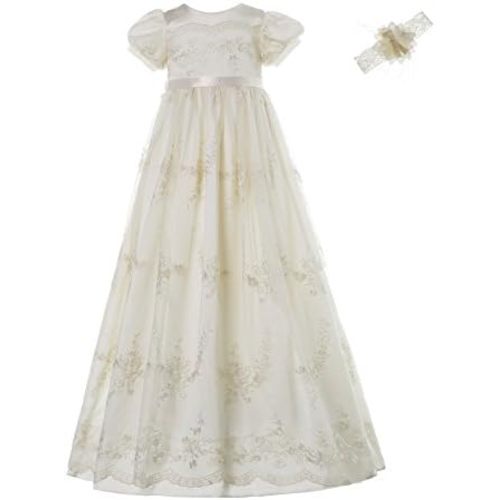 NIMBLE Baby Girls Newborn Christening Embroidered Gown Dress Outfit with Headband,0-15M