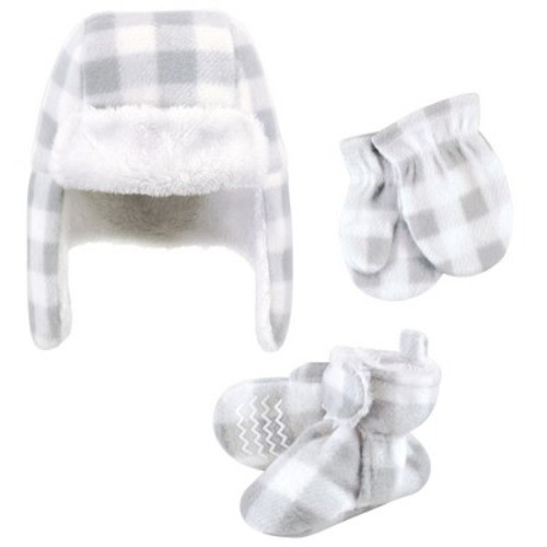 Hudson Baby Unisex Baby Trapper Hat, Mitten And Bootie Set, Gray White Plaid