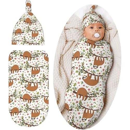 Cute Sloth Baby Stuff Swaddle Blanket Hat Set, Soft and Stretchy Newborn Sleeping Sack Receiving Blanket Shower Gift for Boys Girls