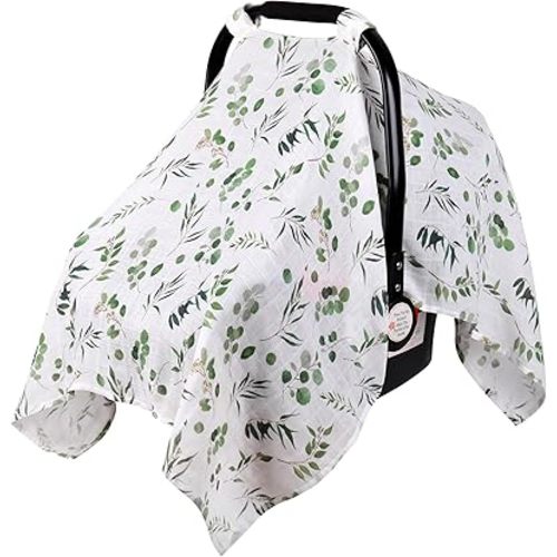 Rquite Car Seat Cover Baby, Carseat Covers Baby for Girl Boy, Muslin Cotton Infant Car Seat Cover, Lightweight Car Seat Canopy, Breathable Baby Carrier Cover, Summer Stroller Sun Shade, Leaf