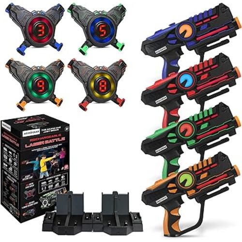 ArmoGear Laser Tag Guns with Vests Set of 4 - Adult Laser Tag Guns, Multiplayer Lazer Tags Set for Kids, Teens, and Adults - Indoor and Outdoor Game for Family Fun - Gift for Boys and Girls, Ages 8+