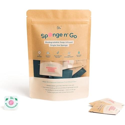 Sponge n' Go: 20-Pack Mini Travel Dish Soap & Sponges | Biodegradable, Soap-Infused, Single-Use Cellulose Compressed Sponges | Your On-The-Go Cleaning Companion for Trips, Camps, Work