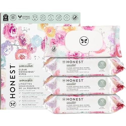 The Honest Company Clean Conscious Multi-Use Wipes | Hypoallergenic + Unscented for Sensitive Skin | Over 99% Water, Compostable, Plant Based, Baby Wipes | Rose Blossom, 288 Count
