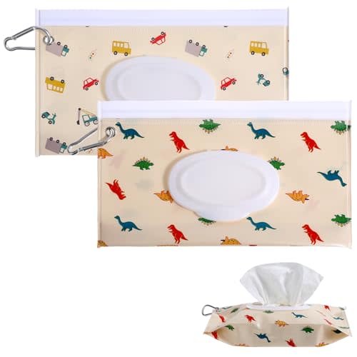 Yolev 2Pcs Travel Wipes Case 24x13.5cm Portable Wipes Dispenser with Carabiner Sealing Strip Closure Reusable Wipes Pouch for Daily and Travel Wipes(Little Car, Little Dinosaur)