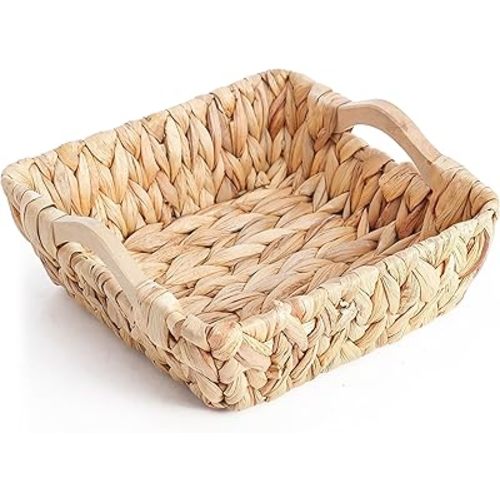 Water Hyacinth Woven Wicker Basket with Wooden Handles for Organizing Kitchen, Rooms and Bathrooms