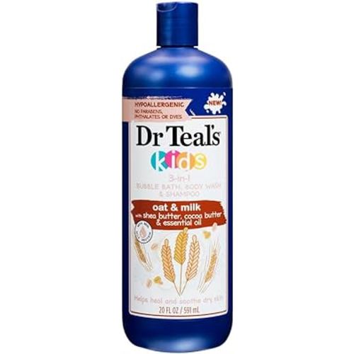Dr Teal's Oat & Milk with Shea Butter, Cocoa Butter & Essential Oil 3-in-1 Bubble Bath, Body Wash, & Shampoo, 20 Fl Oz