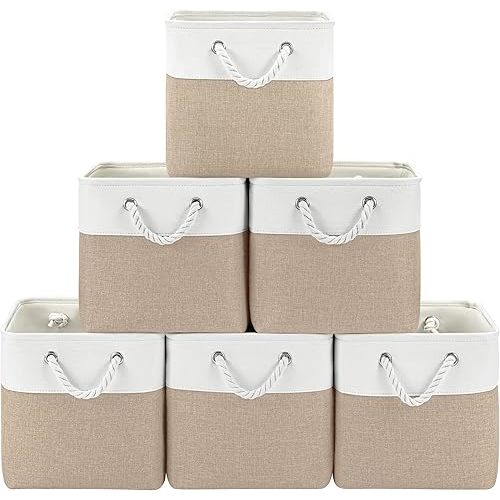 11x11 Cube Storage Bins, 6 Pack Foldable Fabric Organizer Bins with Rope Handles, Storage Cubes for Organizing Bedroom, Living Room, Clothes and Toys, Shelves and Closet (White & Khaki)