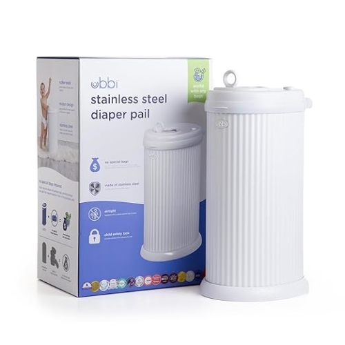 Ubbi Fluted Stainless Steel Diaper Pail, Odor Locking, No Special Bag Required, Award-Winning, Registry Must-Have, White