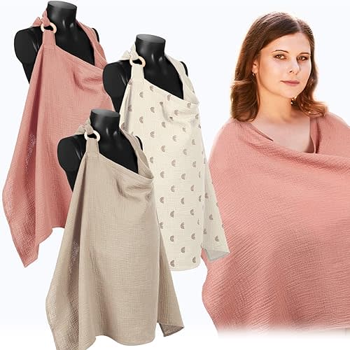 Treela 3 Pcs Muslin Cotton Breathable Nursing Cover Multi Use Car Seat Stroller Breastfeeding Cover for Breastfeeding Baby Shower Gifts Essentials(Fresh Color)