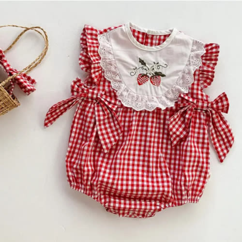 Strawberry Plaid Embroidered Romper | RYAN AND REMI