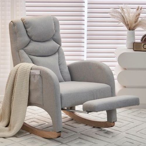 Cotton Linen/Teddy Fabric Nursery Rocking Chair, Upholstered Accent Chair With Adjustable Footrest 4W -ModernLuxe