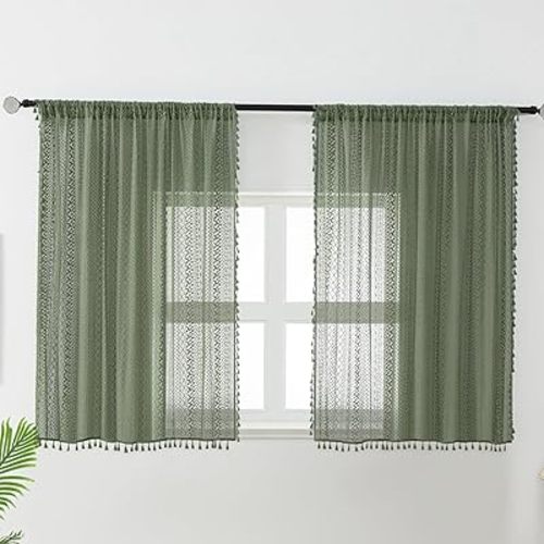 Sage Green Sheer Curtains 45 Inches Long 2 Panel Sets,Rod Pocket Retro Crochet Light Filtering Cotton Boho Lace Sheer Curtains for Living Room Bedroom Window Treatment,Moss Green