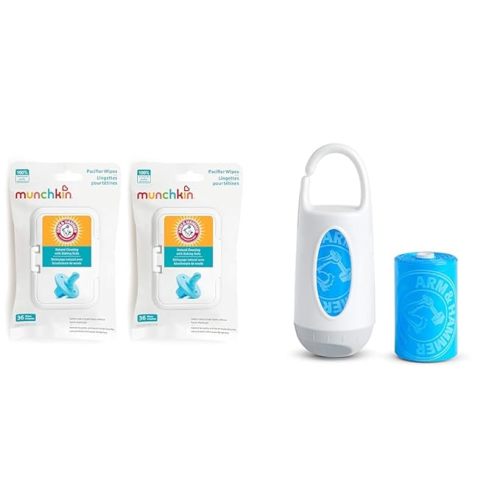 Munchkin® Arm & Hammer Pacifier Wipes - Safely Cleans Baby and Toddler Essentials, 2 Pack, 72 Wipes & Arm and Hammer Diaper Bag Dispenser and 24 Diaper Disposal Bags
