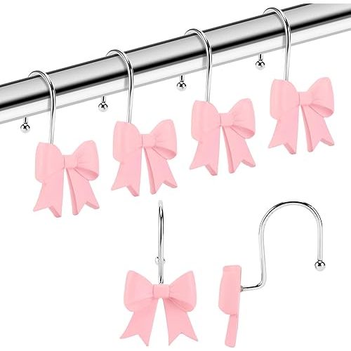 Bow Shower Curtain Hooks, 12 Pack Decorative Resin Knots, Rustproof Rings for Bathroom Bedroom Living Room Baby Room Nursery Art Decors (Pink)