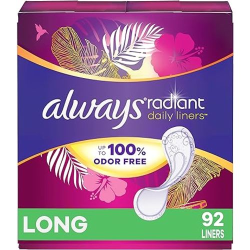 Amazon.com: Always Radiant Daily Liners Long Absorbency, Up to 100% Odor-free, 92 Count : Health & Household