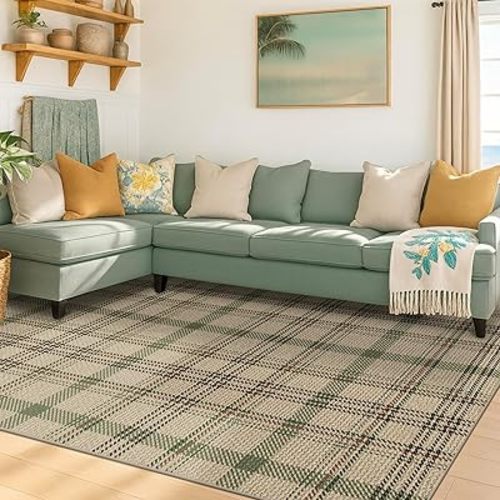 JTJ 5x7 Plaid Area Rug for Living Room - Easy Jute Outdoor Indoor Rug for Bedroom, Non Slip Farmhouse Fall, Washable Beige and Sage Green Striped Holiday Decor