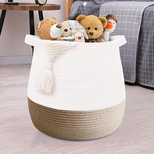 Large Cotton Rope Basket, Woven Storage Basket for Toy, Laundry and Blanket Organizer Basket, Round Hamper Basket with Handles for Kid's Room 17.7"x16.9"