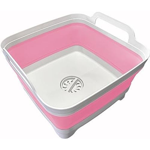 9L (2.4Gal Dish Basin Collapsible with Drain Plug Carry Handles, Space Saveing Kitchen Storage Tray Dish Wash Basin, Portable Dish Tub for Camping,RV,Pink