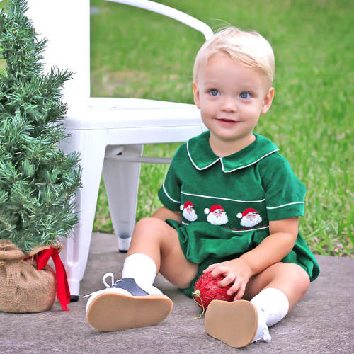 Santa Face Smocked Green Boy Bubble