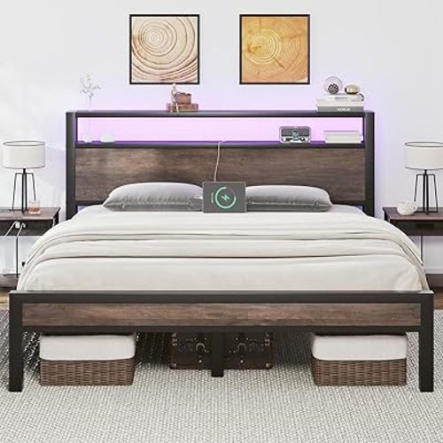 Full Size Bed Frame with 2-Tier Storage Headboard, Industrial Metal Platform Bed with LED Lights and Charging Station, Noise Free, No Box Spring Needed, Easy Assembly, Rustic Grey