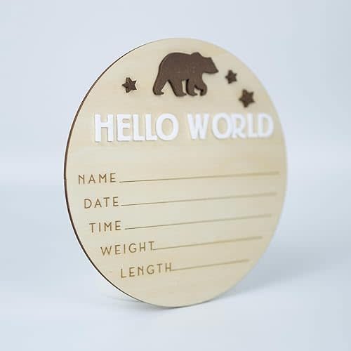 Baby Announcement Sign 6.5 Inch Wooden Hello World Newborn Welcome Sign Birth Baby Name Plaques for Photo Props Baby Shower Hospital Nursery (Bear)