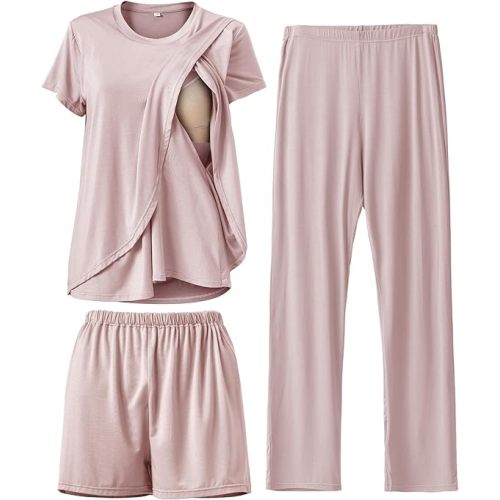 Rnxrbb 3 Piece Postpartum Nursing Pajamas Set Double Layer Maternity Breastfeeding Pjs Sleepwear for Women,Deep Pink 2XL