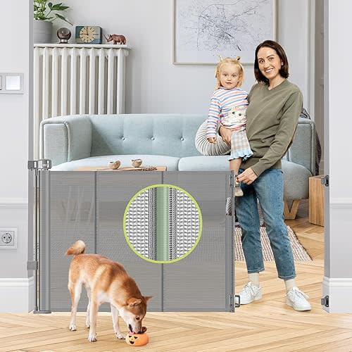 Reinforced 55" Wide Retractable Dog Gate with Support Beam Extra Tall Retractable Baby Gates for Doorway Mesh Pet Gate Retractable Gates for Dogs Indoor Child Gate Retractable Baby Fence/Barrier