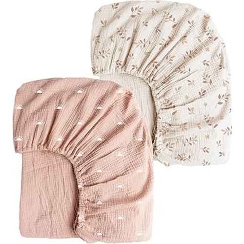 Konssy Muslin Crib Sheets for Girl Boy, 2 PCS Soft and Breathable Cotton Baby Sheets for Standard Crib Mattress, 52"x 28" (Pink Sun,Khaki Leaf)