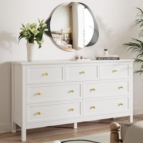 Tradare White Dresser for Bedroom with 7 Drawers, 55'' Large Wood Dresser with Gold Handles, Modern Wide Chest of Storage Drawers for Hallway, Living Room
