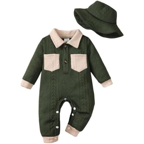 Newborn Baby Boy Winter Clothes Infant Boy Fall Outfits Baby Boy Romper Hat Long Sleeve Button Bodysuit Jumpsuit