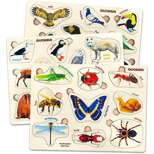 QUOKKA Wooden Puzzles for Toddlers 1-3 – 3xSET Kids Puzzles Ages 2-4 – Montessori Toy Puzzle for Toddlers 3-5 – Wood Toy Learning Realistic Insects - Arctic Animals - Birds for Boy and Girl