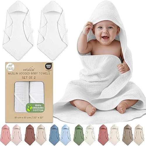100% Organic Cotton Muslin Hooded Baby Towels 2 Pack