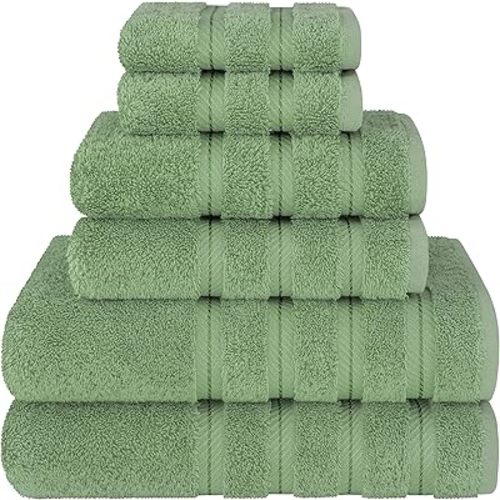 American Soft Linen Luxury 6 Piece Towel Set, 2 Bath Towels 2 Hand Towel 2 Washcloths, 600 GSM 100% Cotton Turkish Towels for Bathroom, Sage Green Towel Sets