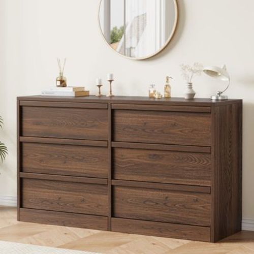 6 Drawer Dresser for Bedroom, Walnut 6 Chest of Drawers with Concave Handles, Modern Dresser Organizer for Bedroom Living Room Nursery Hallway