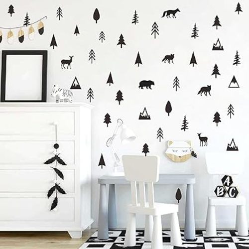 Woodland Animal Wall Stickers - Pine Tree and Mountain Decals With Jungle Deer, Bear, Fox - Black Vinyl Forest Stickers for Nursery and Kids Room Decor