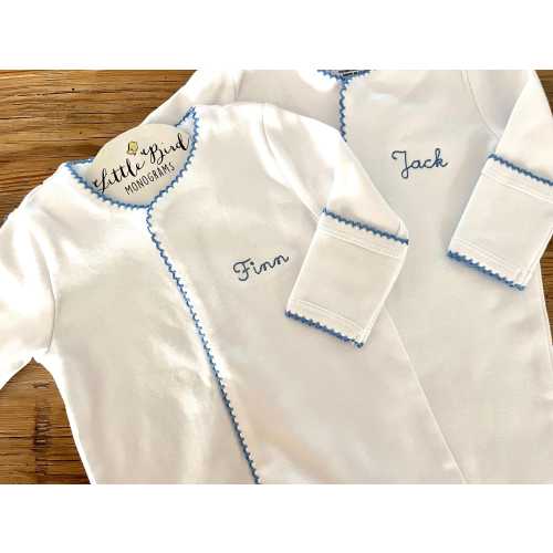 Monogrammed Baby Pajama's, White Footie PJs with Blue Picot Trim, Coming Home Outfit, Personalized Girl First Outfit, Gift, Newborn Present