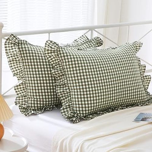 Sage Green Plaid Ruffle Pillow Shams Standard Set of 2,Vintage Checkered Washed Cotton Bed Pillow Covers-20 x26