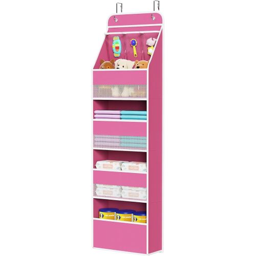 Univivi 5-Shelf Fabric Door Storage Over Door Hanging Organizer with 4 Large Pockets and 3 Small PVC Pockets Nursery Closet Cabinet Wall Mount Hanging Storage Organizers for Baby Nursery (Pink)