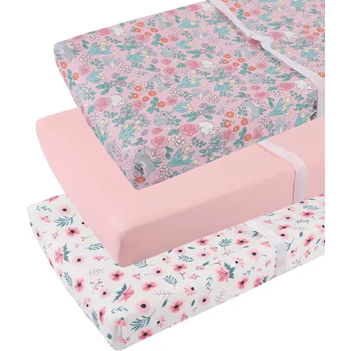 Changing Pad Cover Set 3 Pack Jersey Knit Ultra Soft for Baby Boys Girls Floral/Grey Rabbit/Pink