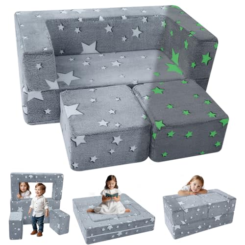 MeMoreCool Kids Sofa Couch, Modular Star Baby Couch Glow in Dark, Toddler Fold Out Play Couch for Playroom Furniture, Grey