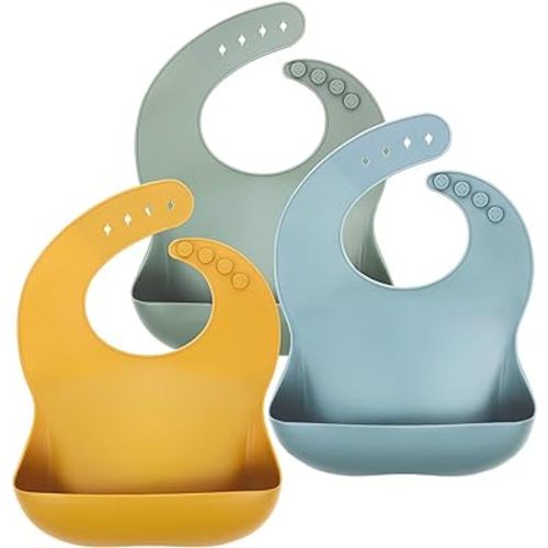 Eascrozn 3 Pack Silicone Bibs for Babies & Toddlers (6-72 months) BPA Free Unisex Soft Adjustable Fit Waterproof Feeding Baby Bibs